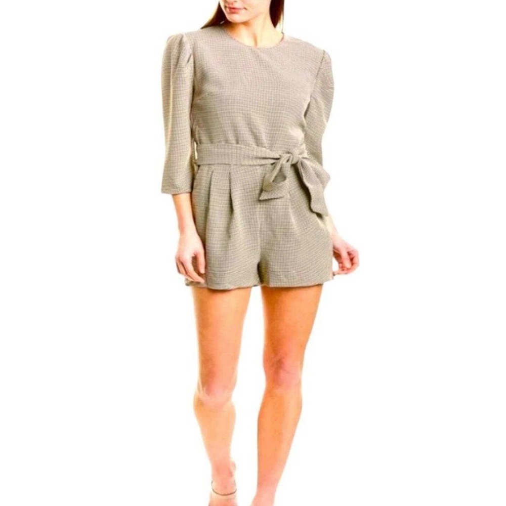 En Saison brown/Ivory Houndstooth Romper Jumpsuit Belted Puff Sleeves L/14 Large